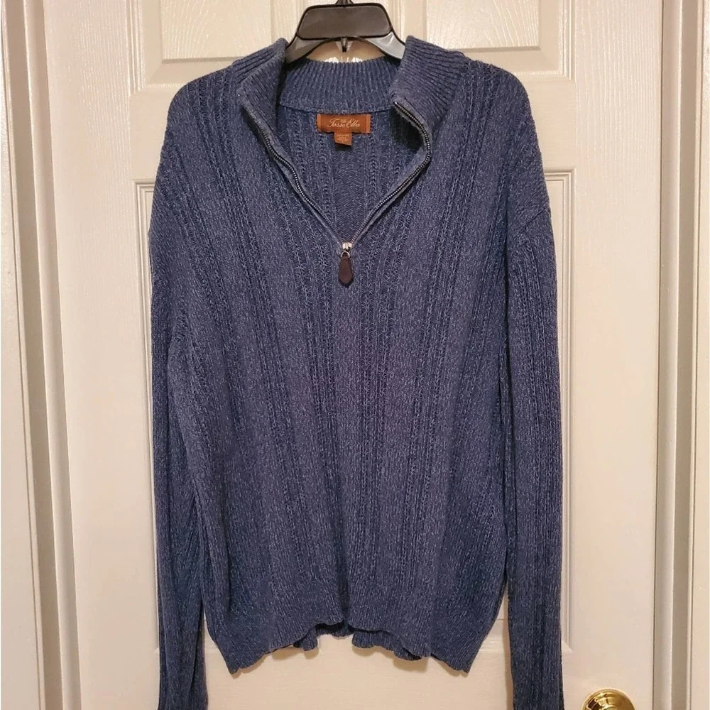 Tasso Elba Men’s 1/4 Zip Sweater 100% Cotton Ribbed Blue Pullover | Large